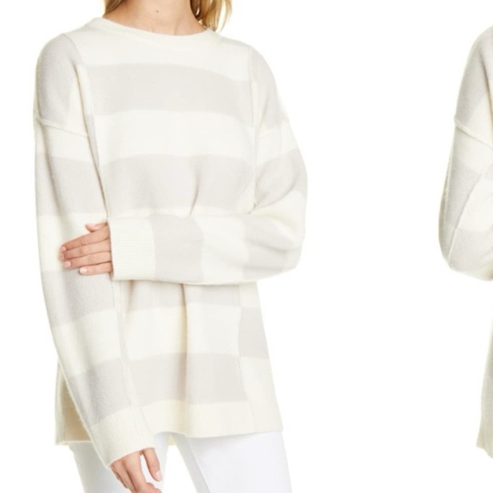 Club Monaco Oversized Boiled Cashmere Sweater Cream and Tan Striped - Picture 2 of 4